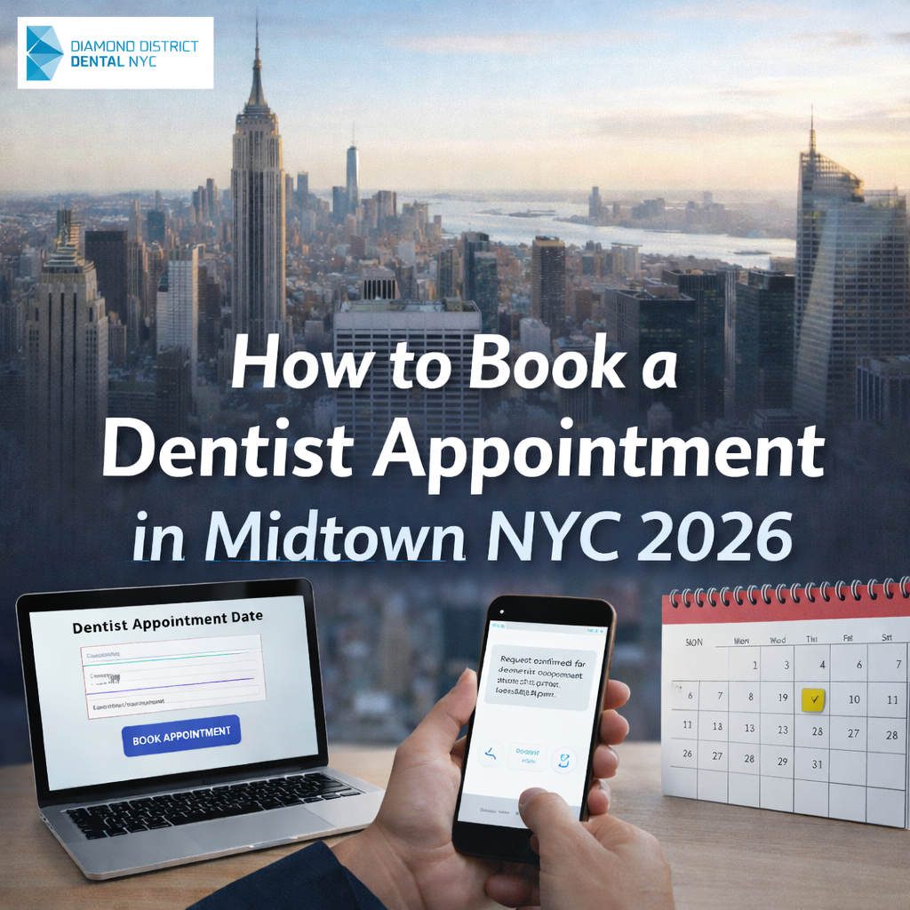 Online dentist appointment booking in Midtown NYC using laptop and smartphone with calendar and Zocdoc app for easy scheduling