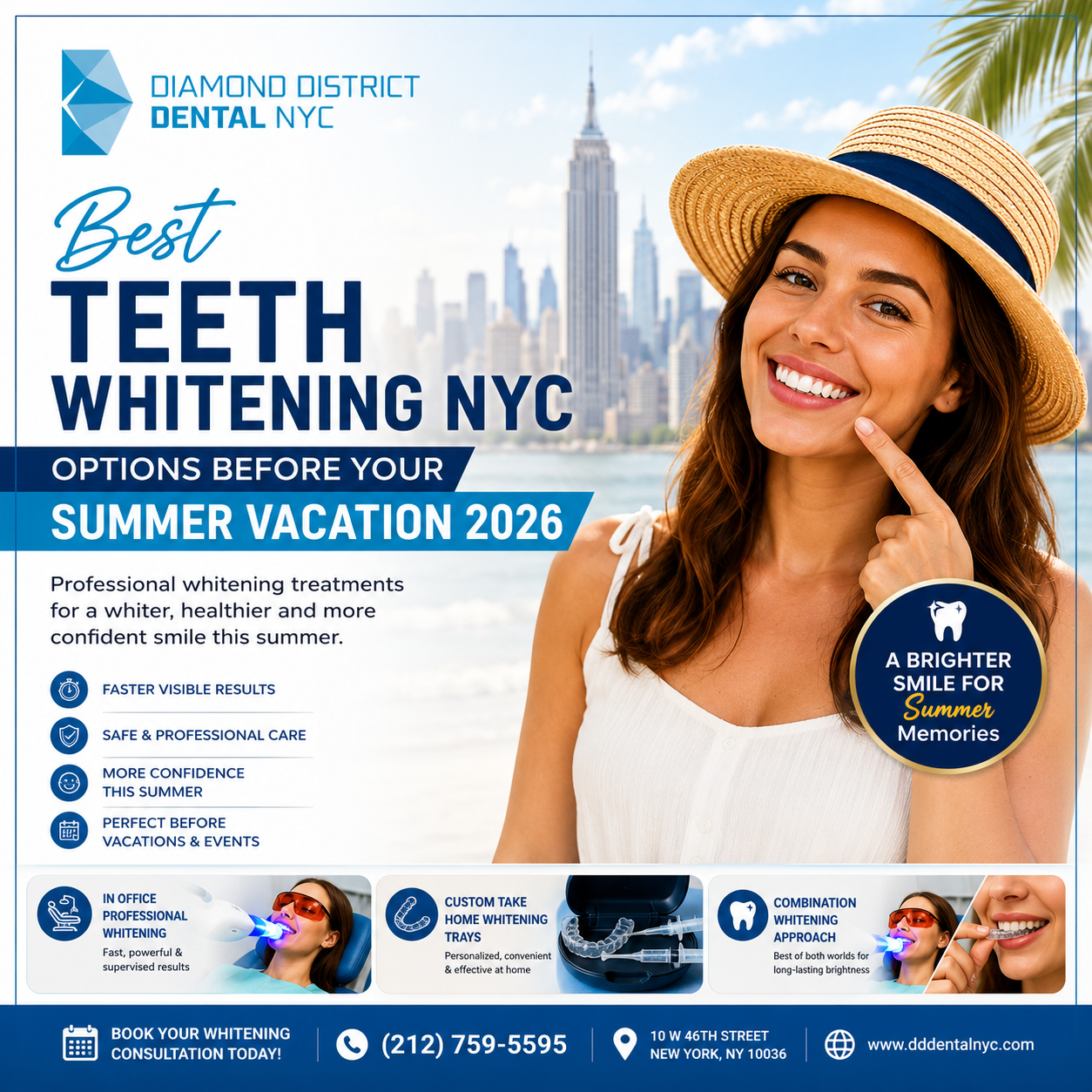 Best Teeth Whitening NYC cover image featuring professional summer whitening treatments before vacation season at Diamond District Dental NYC