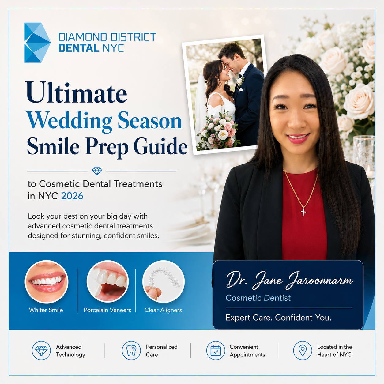 Dr. Jane Jaroonnarm promoting cosmetic dental treatments in NYC for wedding season smile preparation in 2026