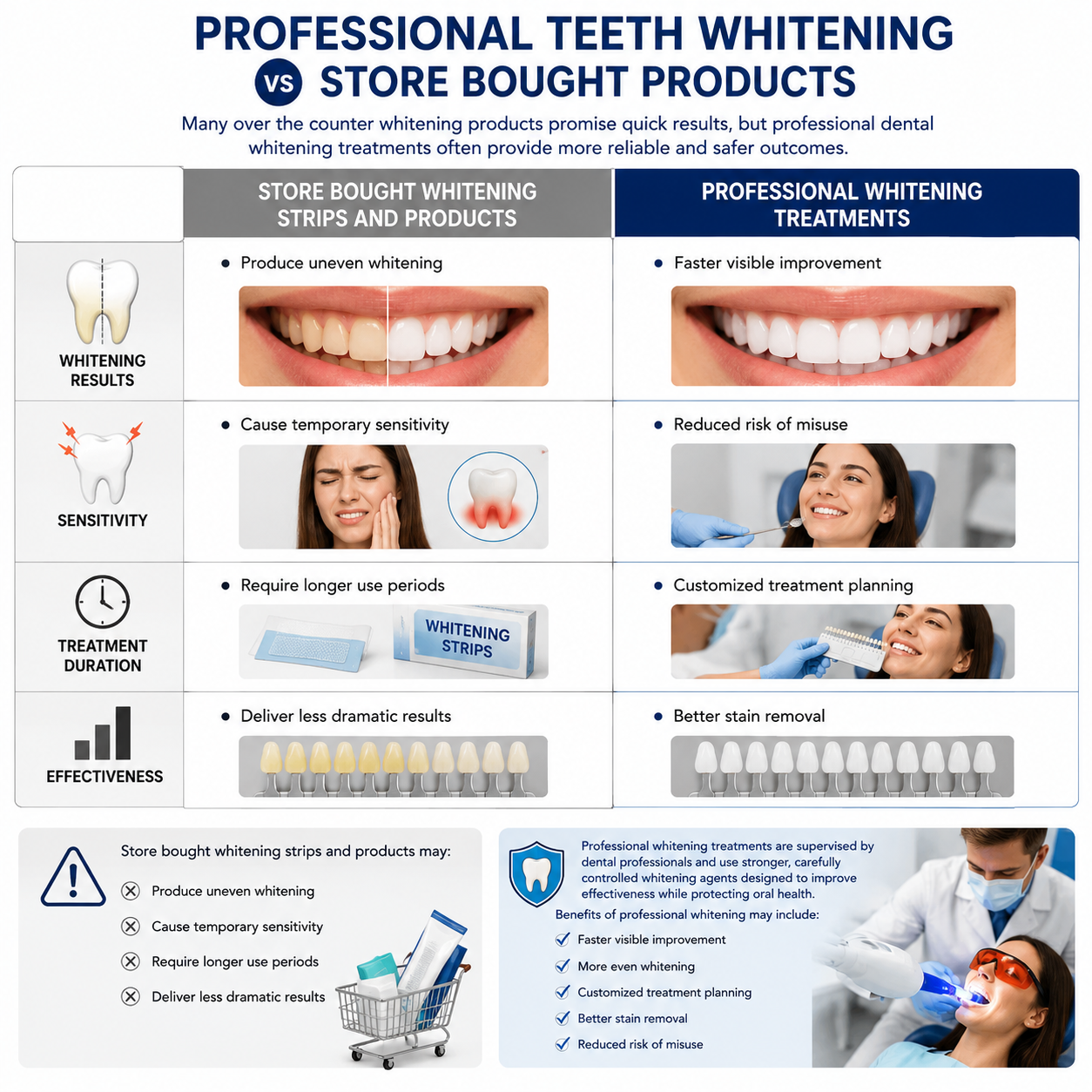 Professional teeth whitening vs store bought whitening products comparison infographic for NYC cosmetic dentistry patients