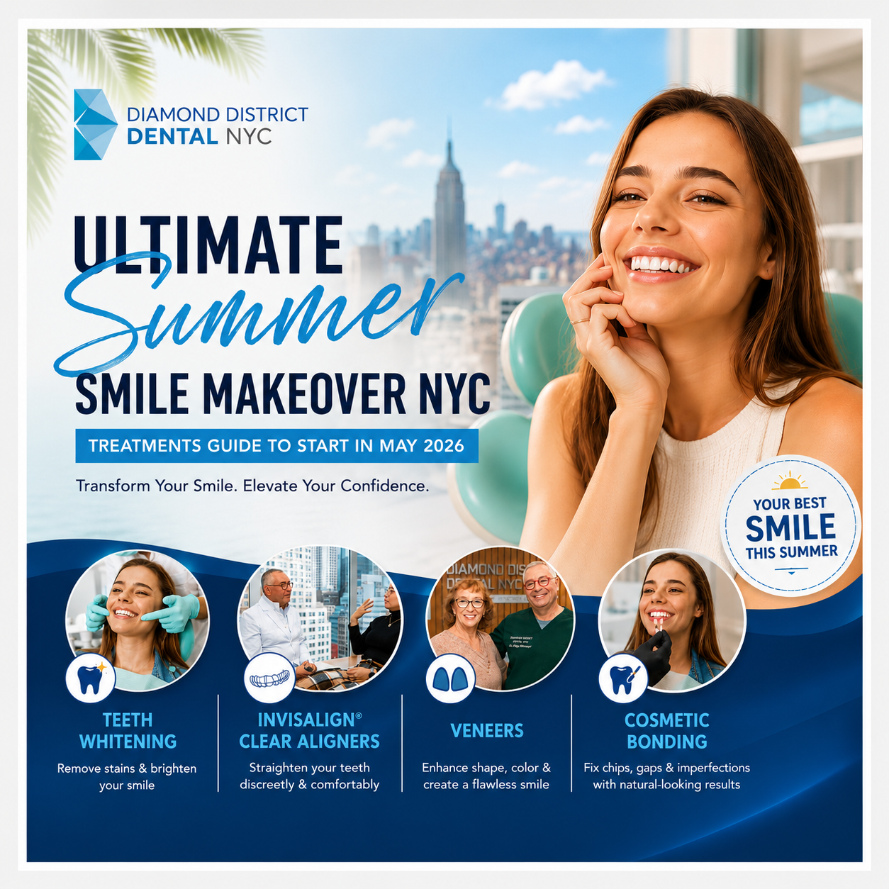 Ultimate Summer Smile Makeover NYC cover image featuring teeth whitening Invisalign clear aligners veneers and cosmetic bonding at Diamond District Dental NYC