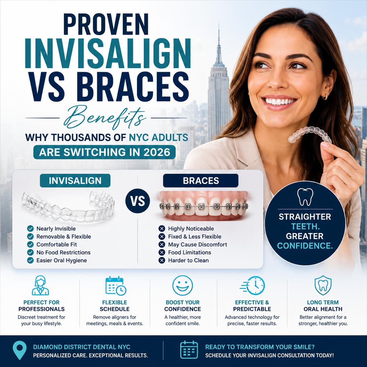 Invisalign vs braces comparison for NYC adults seeking discreet orthodontic treatment and smile improvement in 2026