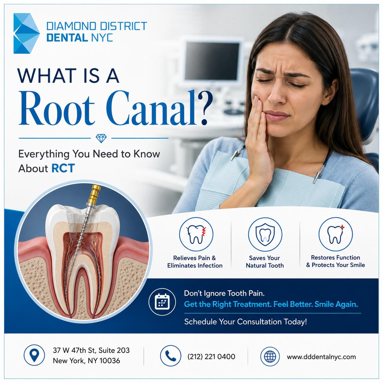 Alt Text: Patient experiencing tooth pain with root canal treatment illustration and information about RCT at Diamond District Dental NYC.