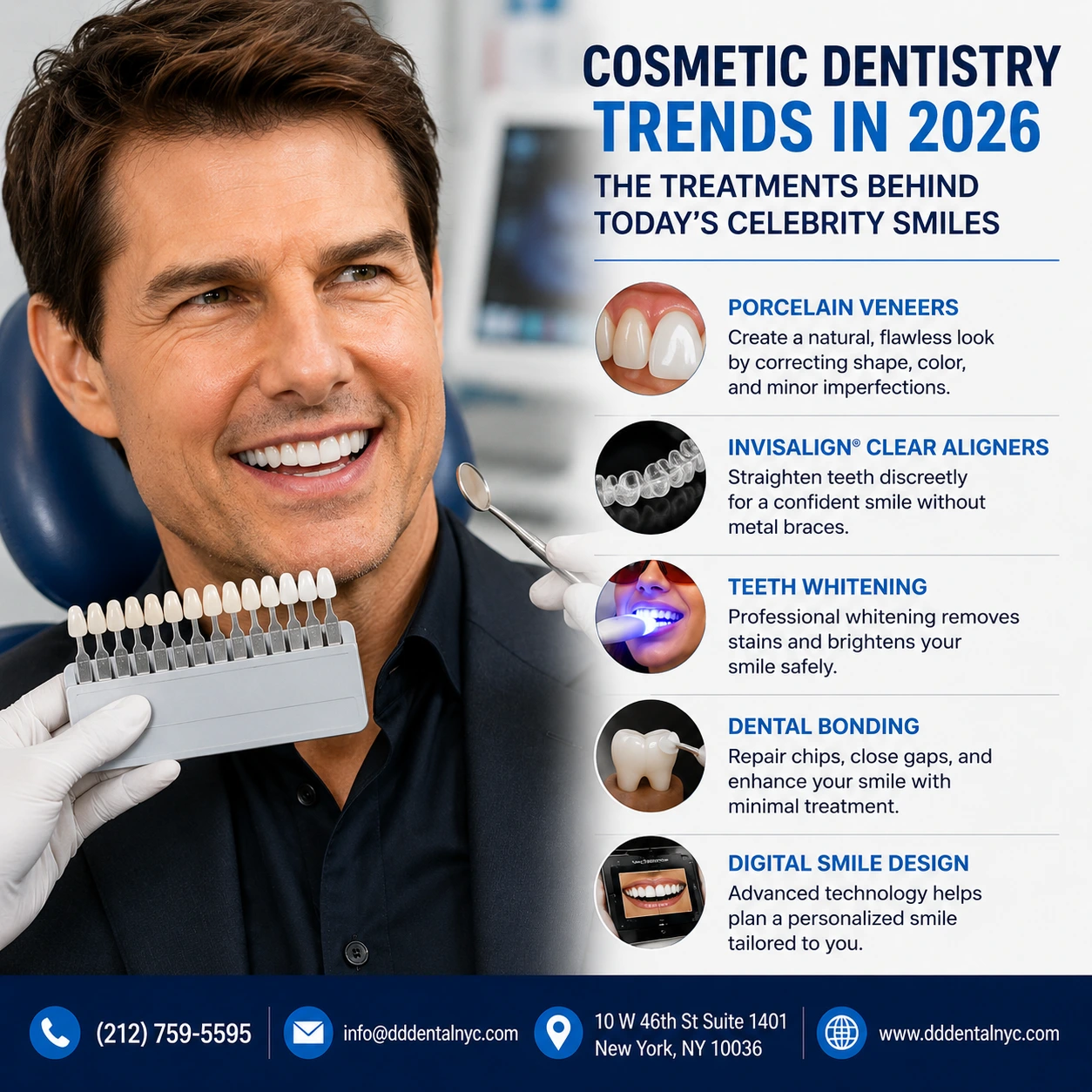 Cosmetic dentistry trends 2026 showing porcelain veneers, Invisalign clear aligners, teeth whitening, dental bonding, and digital smile design.