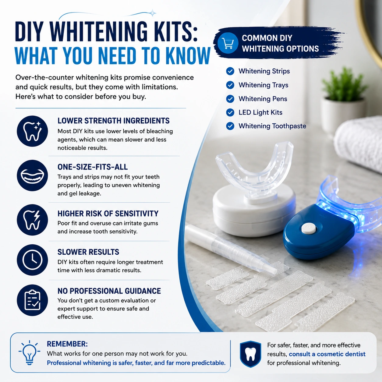 Professional Teeth Whitening in NYC comparison infographic explaining the differences between DIY whitening kits and professional dental whitening treatments.