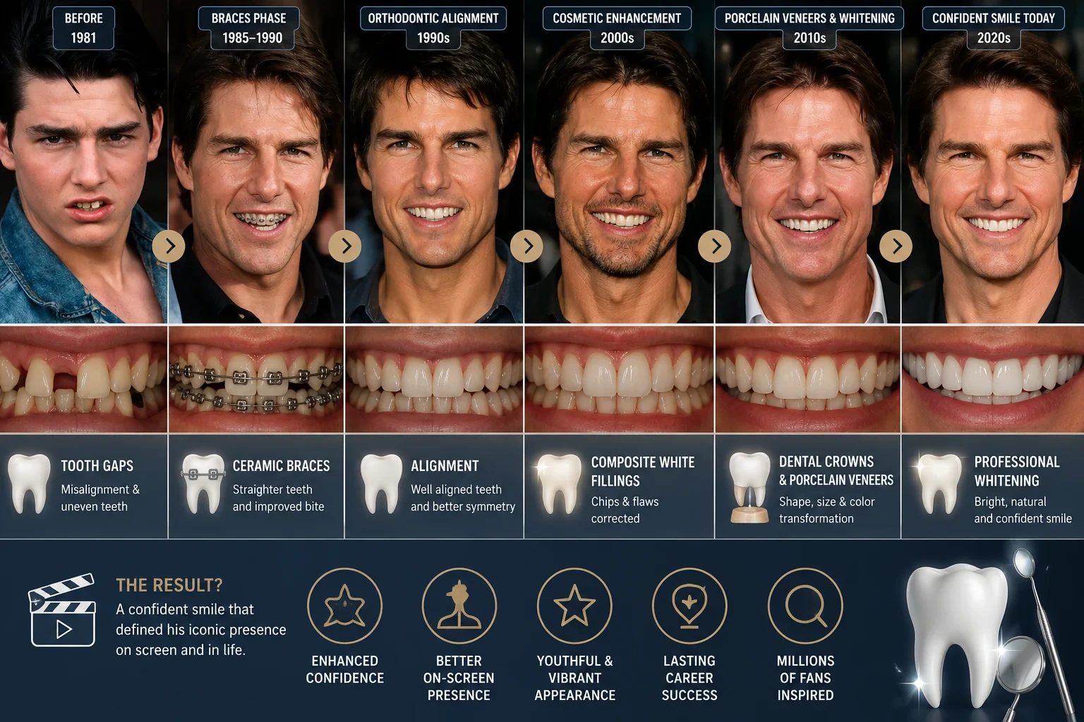 Cosmetic dentistry trends illustrated through Tom Cruise's smile transformation, showing tooth gaps, ceramic braces, composite fillings, dental crowns, porcelain veneers, and professional teeth whitening.