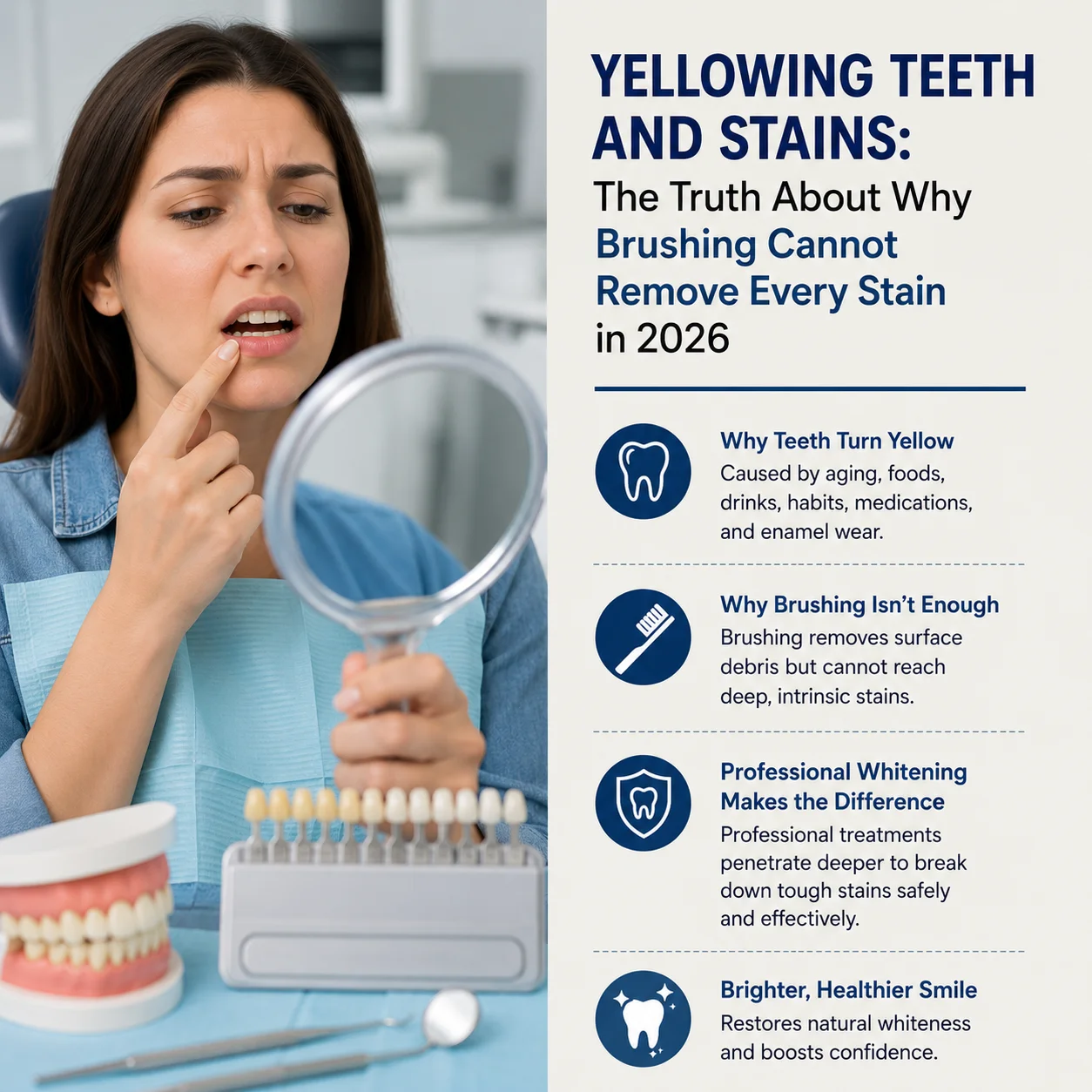 Tooth stain removal comparison showing yellow teeth before and after professional whitening and explaining how whitening helps remove stubborn tooth stains.