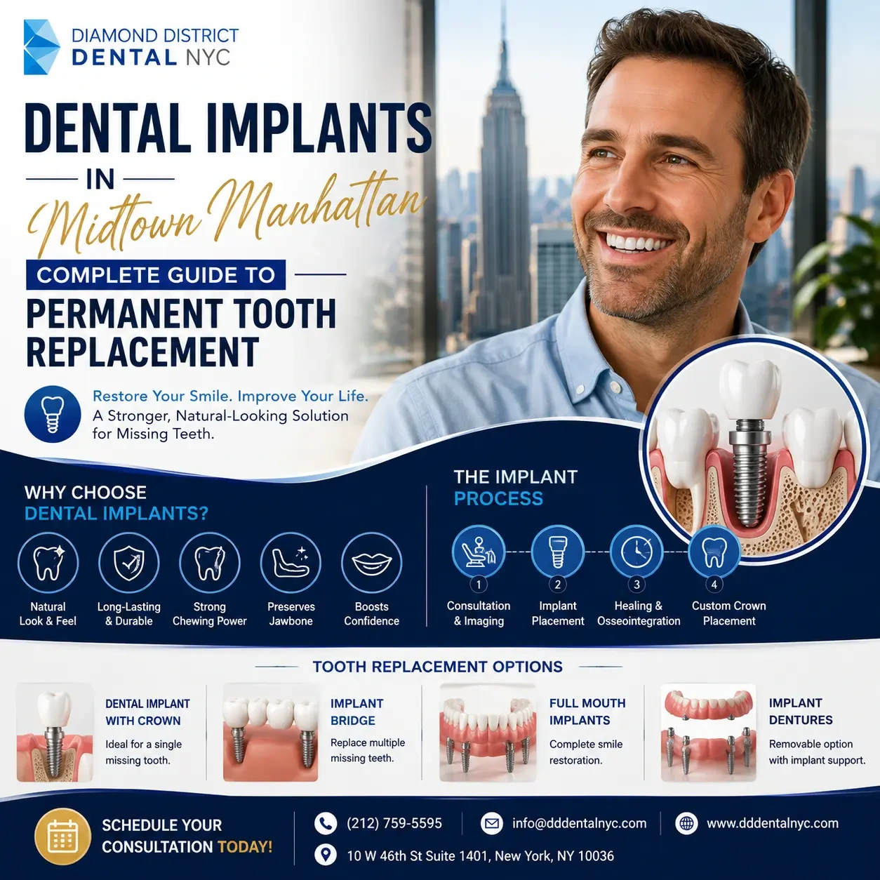 Dental implants in Midtown Manhattan cover image featuring permanent tooth replacement, dental implant treatment, implant process, and natural looking smile restoration.