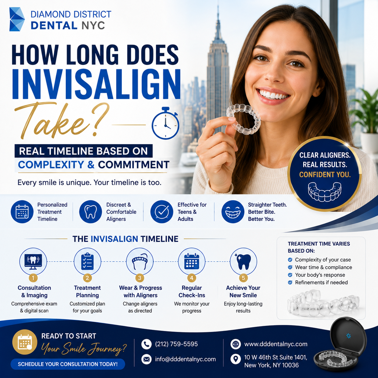 How long does Invisalign take an infographic showing the Invisalign treatment timeline, clear aligner process, and factors that affect treatment duration for adults and teens.