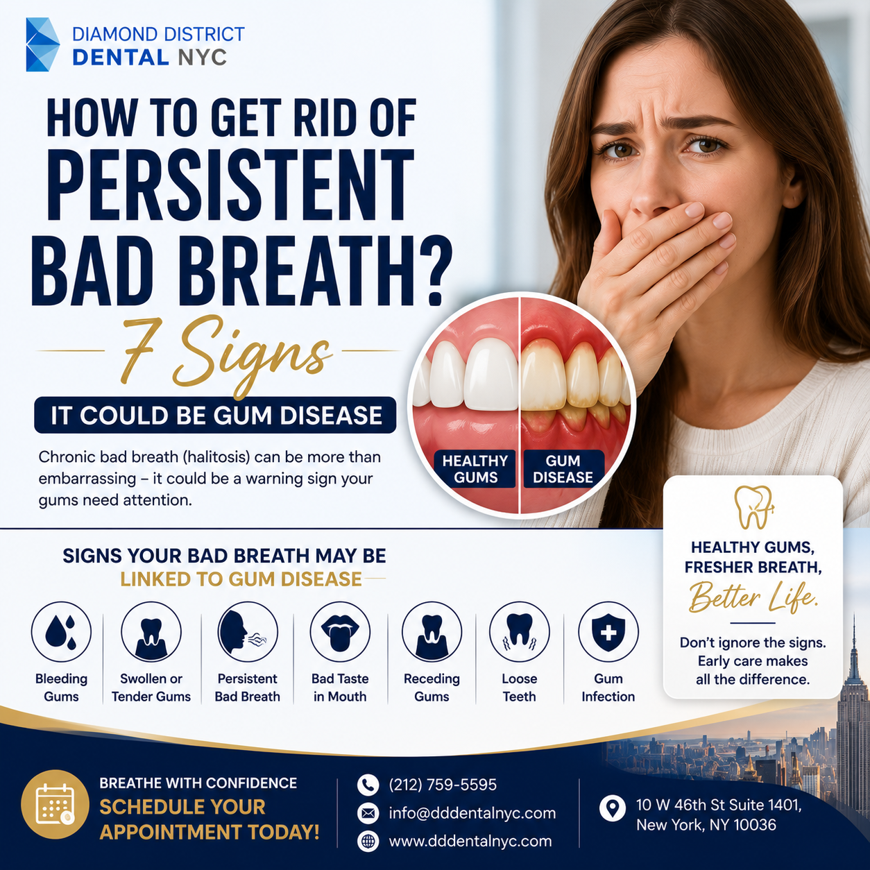 How to get rid of persistent bad breath infographic showing gum disease warning signs, healthy vs unhealthy gums, and when to seek professional dental care.