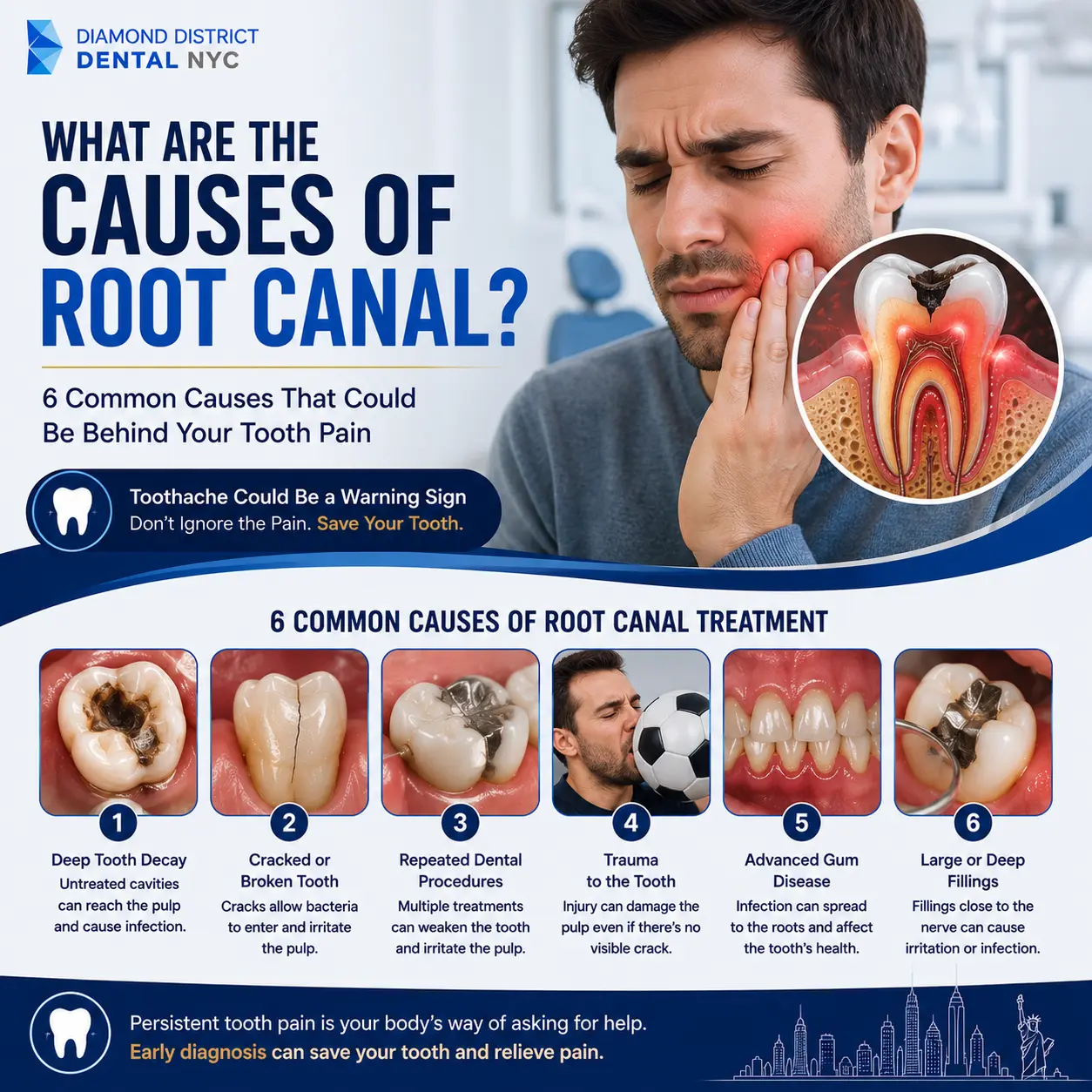 What are the causes of root canal cover image showing six common causes of root canal treatment, including tooth decay, cracked teeth, trauma, gum disease, repeated dental procedures, and deep fillings.